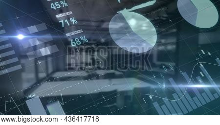 Financial data processing over world map against empty office in background. global finance and business concept