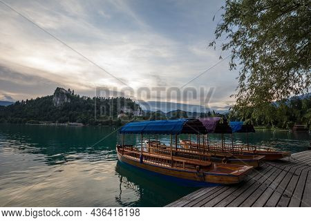Panorama Of The Bled Lake, Blejsko Jezero, With Its Castle And Rowing Boats In Front. Blejski Hrad, 