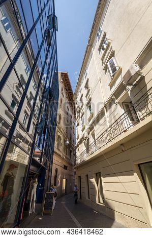 Rijeka, Croatia - July 18, 2021: Narrow Street Of Stari Grad, The Old Town Of Rijeka, With Medieval 