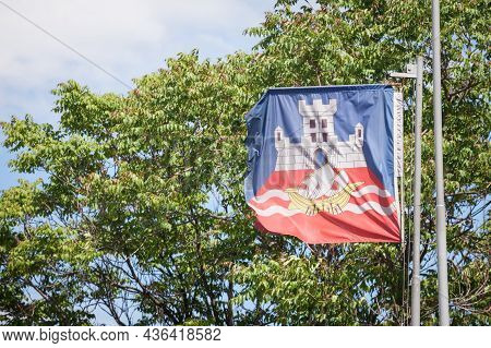 Belgrade City Flag With The Coat Of Arms Of The City. It Is The Official Visual And Symbol Or Belgra