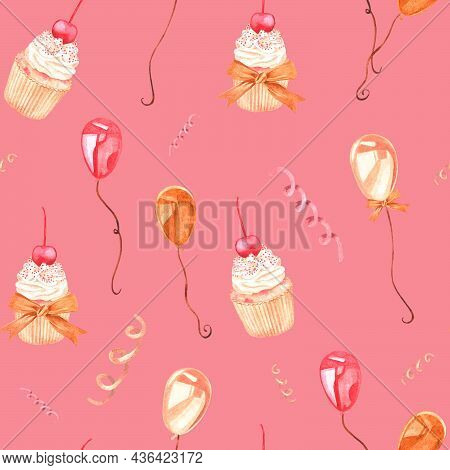 Pattern Made From A Set Of Watercolor Vintage Illustrations On The Theme Of Birthday. Cupcake, Ballo