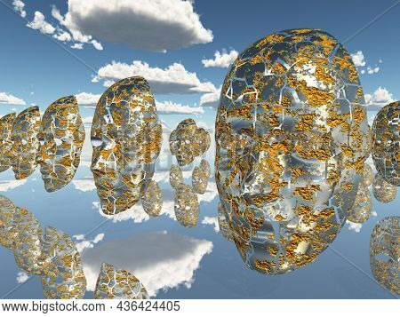 Disembodied faces or masks hover in surreal scene. 3D rendering.