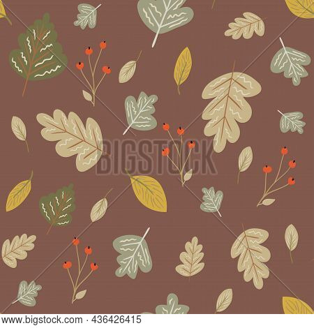 Seamless Vector Pattern In Brown Boho Autumn Colors With Mushrooms, Leaves, Etc. Wallpaper, Scrapboo