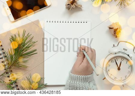 Back To Life, Goal List Concept. Womans Hand Writing In Empty Notebook. Resolutions, Plan, Goals, Ch