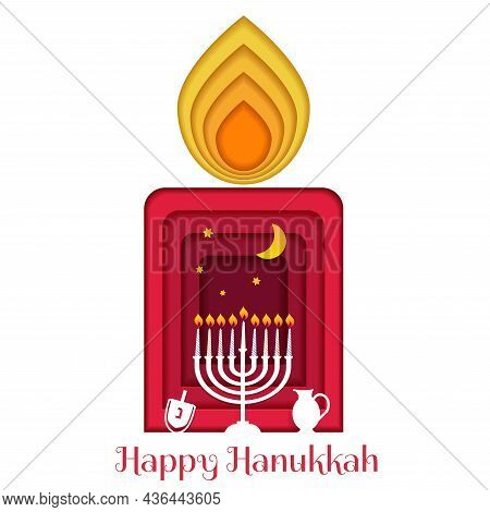 Happy Hanukkah, Jewish Festival Of Lights Paper Cut Greeting Card With Chanukah Symbols Dreidels, Sp