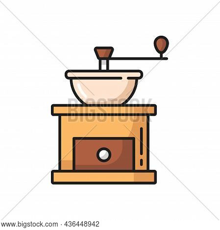 Retro Coffee Grinder With Handle To Roast Beans Isolated Flat Line Icon. Vector Vintage Grinding Mac