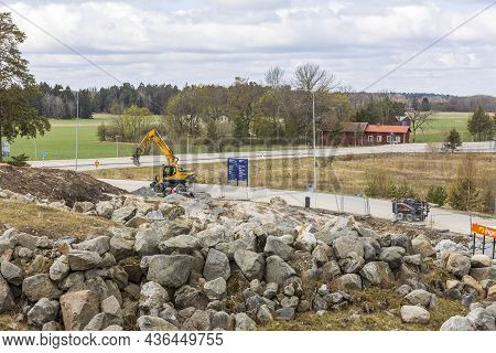 Beautiful View Of Construction Imploding Works On Rocky Terrain. Sweden. Enkoping. 05.19.2021.