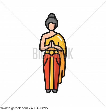 Woman In Thai Traditional Dress Color Line Icon. Vector Thailand Female In Traditional Wear Say Hell