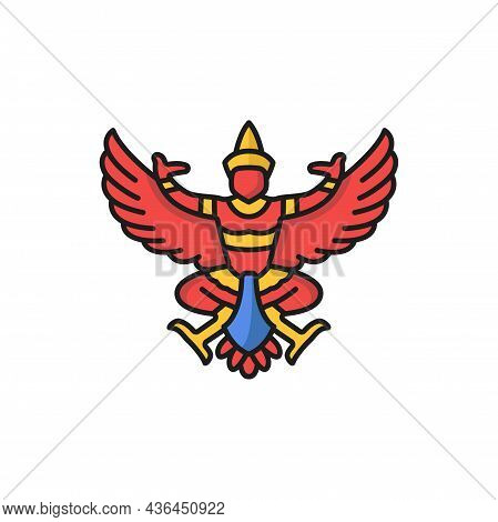 King Of Garuda Krut Lord With Wings Isolated Color Line Icon. Vector Traditional Buddhism Sculpture 