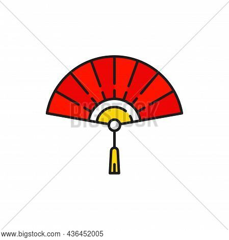 Chinese Fan With Tassel Isolated Handheld Tessen Souvenir From China Color Line Icon. Vector Folding