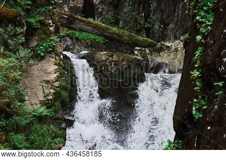 Estyube Waterfall At Lake Teletskoye In The Altai Mountains.