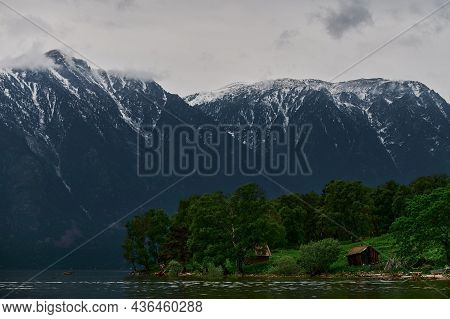 Beautiful Panoramic View At Kucherla Mountain Lake And Mountain Range. Belukha National Park, Altai 