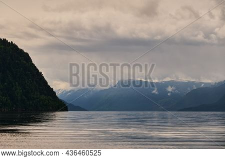 Beautiful Panoramic View At Kucherla Mountain Lake And Mountain Range. Belukha National Park, Altai 