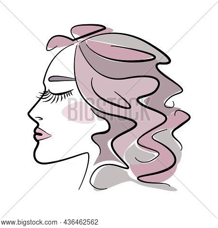 Beautiful Abstract Multicolor Female Face Profile. Colorful Line Art Fashion Illustration. Pink, Gra