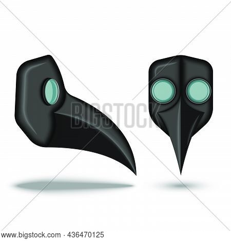 Realistic 3d Plague Doctor Black Mask Bird-like Beak Front View And Side View Isolated On White Back