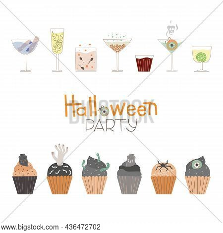 Vector Border For Halloween Party. Illustration With Treats, Horror Coctails And Decorated Cupcakes 