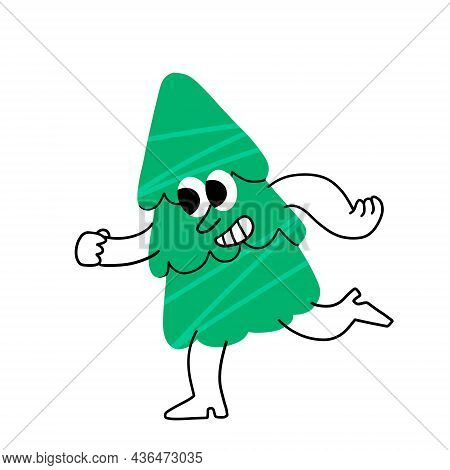 Christmas Tree. Smiling Character. Fabulous Winter Green Plant With Arms And Legs Enjoying Holiday. 