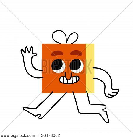 Christmas Character - Fun Gift With Face. Abstract Red Box With Arms And Legs. Trendy Modern Cartoon