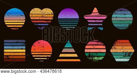 Retro Striped Sunset Prints In Heart, Star And Circle Shapes. 80s T-shirt Design With Beach Sunrise.