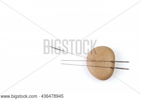 Silver Needles For Traditional Chinese Medicine Acupuncture. Close-up. Isolated White Background. Th