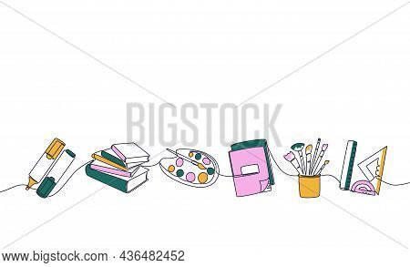 School Stationery. Trendy Continuous Line Marker Stack Of Books Palette Copybook Brushes And Rulers.