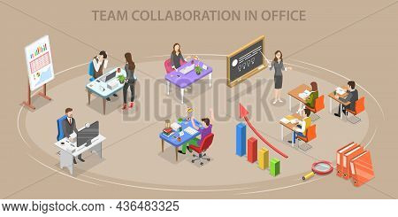 3d Isometric Flat Vector Conceptual Illustration Of Team Collaboration In Office, Ope Co-working Spa