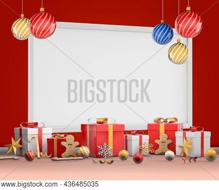 White Frame With Copy Space On Red Background With Gifts And Christmas Decorations, Concept Of Merry