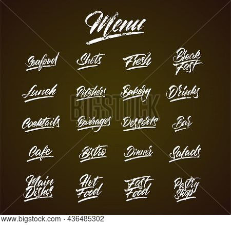 Chalk Lettering Menu On Black Chalkboard Ka Idea For Cafes, Bistros, Restaurants. Vector Illustratio