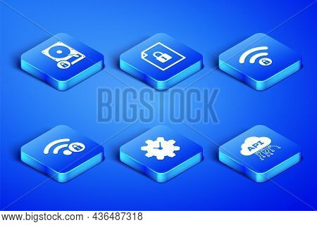 Set Cloud Api Interface, Hard Disk Drive And Lock, Time Management, Wifi Locked, Document And Icon. 