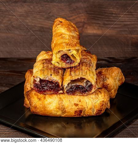 Butter Puff Pastry Filled With Plum Jam Close Up