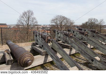 Sweden, Uppsala - April 19 2019: The View Of The Western Bastion Cannons Of Uppsala Castle On Backgr
