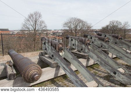 Sweden, Uppsala - April 19 2019: The View Of The Western Bastion Cannons Of Uppsala Castle On Backgr