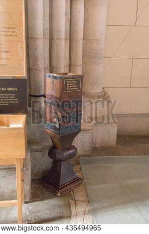 Sweden, Uppsala - April 19 2019: Detailed View Of Uppsala Cathedral, Alms Box For Donations On April