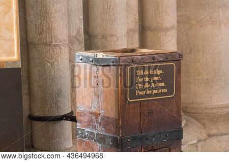 Sweden, Uppsala - April 19 2019: Detailed View Of Uppsala Cathedral, Alms Box For Donations On April
