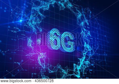 Abstract Glowing Blue Polygonal 6g Hologram On Blurry Backdrop. Internet Speed, Wireless Connection 