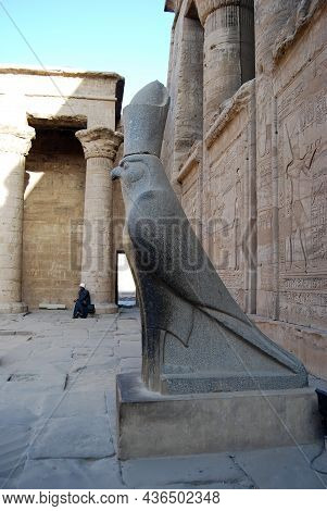 Nubia - Egypt - May 10, 2015: Ancient Egyptian Statue Of God Horus At The Temple Of Edfu. Nubia, Egy