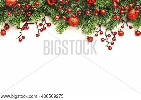 White Christmas And New Year Background With Red Christmas Balls, Spruce Branches And Berries. Top V