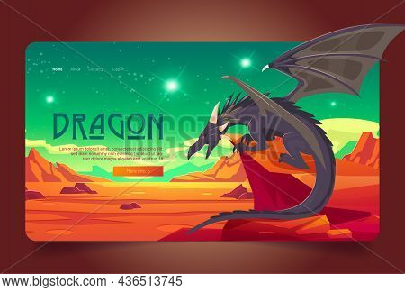 Dragon Cartoon Landing Page. Magic Powerful Character Sitting On Rock At Deserted Alien Planet Lands
