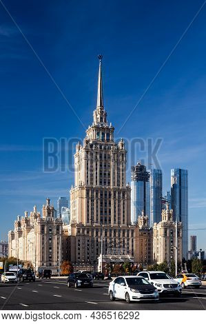 Moscow, Russia - October  14, 2021: View Of The Beautiful Building Of Monumental Architecture Of The