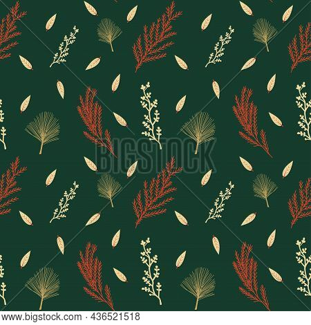 Plant Seamless Vector Pattern In Christmas Dark Green Boho Colors With Pine And Twigs. Surface Desig