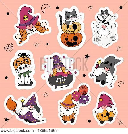 Set Of 9 Cute Halloween Gnome And Cat In Fancy Costume Party Cartoon Sticker Collection.