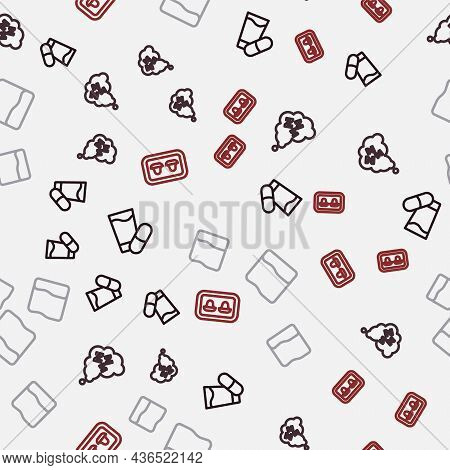 Set Line Sleeping Pill, Sleepy, Pillow And Earplugs With Storage Box On Seamless Pattern. Vector