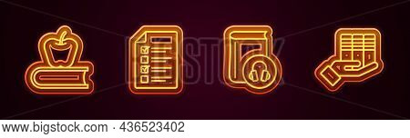 Set Line Book With Apple, Online Quiz, Test, Survey, Audio Book And Donation. Glowing Neon Icon. Vec