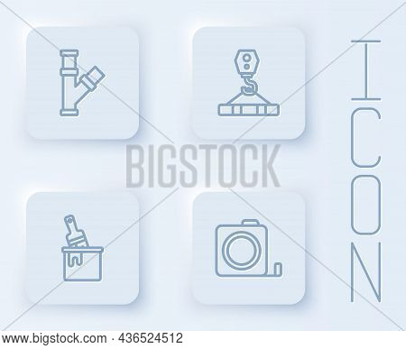 Set Line Industry Metallic Pipe, Crane Hook, Paint Bucket With Brush And Roulette Construction. Whit