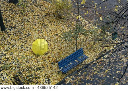 Autumn Courtyard With Empty Bench, Fallen Leaves And A Passer-by Under A Large Yellow Umbrella. Top 