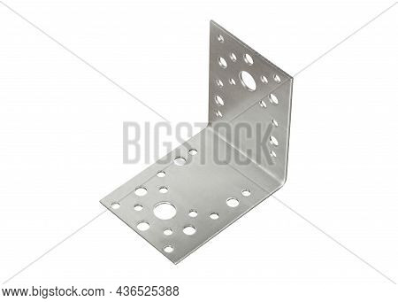 Stainless Steel Metal Fixing Angle Isolated On White Background. The Metal Corner Is Used In Constru