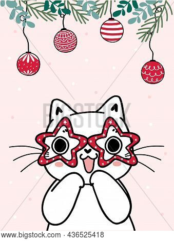Cute Funny Playful Happy Surpiresed Face White Kitten Cat Wear Festive Star Shape Glasses With Snowf