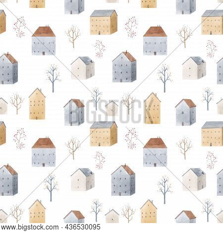 Beautiful Winter Vector Seamless Pattern With Hand Drawn Watercolor Cute Houses. Stock Illustration.
