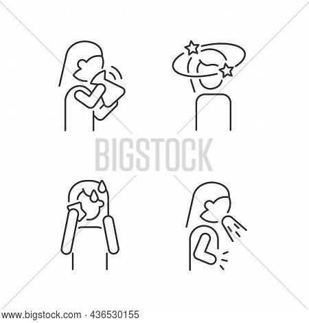 Panic Disorder Symptoms Linear Icons Set. Nausea And Dizziness. Anxiety, Stress Signs. Mental Disord