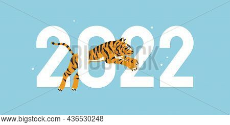 Vector Illustration Of Tiger Jumping Over Number Zero. Happy New 2022 Year Abstract Greeting Card. T
